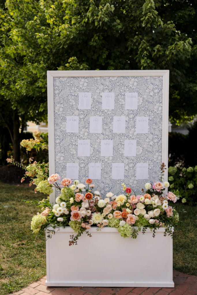 leesburg wedding planner, Birkby house wedding, virginia wedding, floral seating chart, floral escort wall