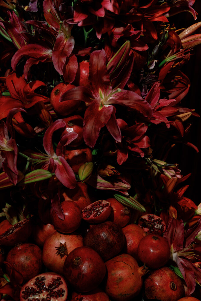 burgundy florals, pomegranates and florals, fruit and florals, valentines day luxe party