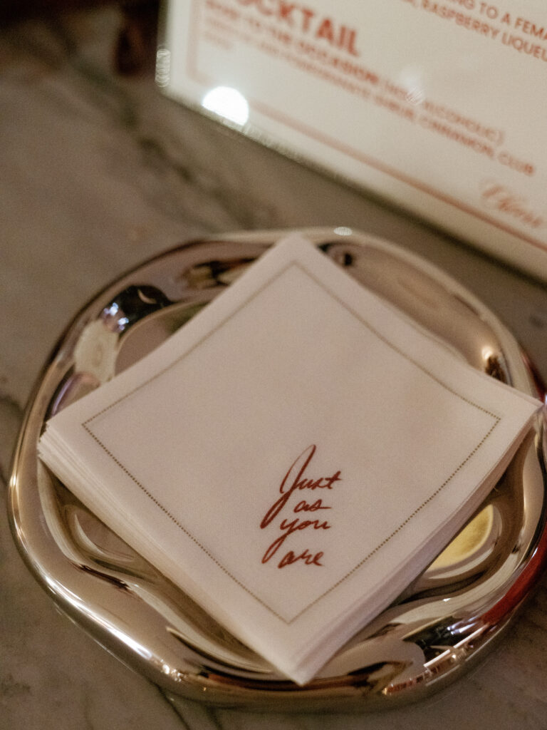 custom cocktail napkin, just as you are napkins, luxe valentines day party