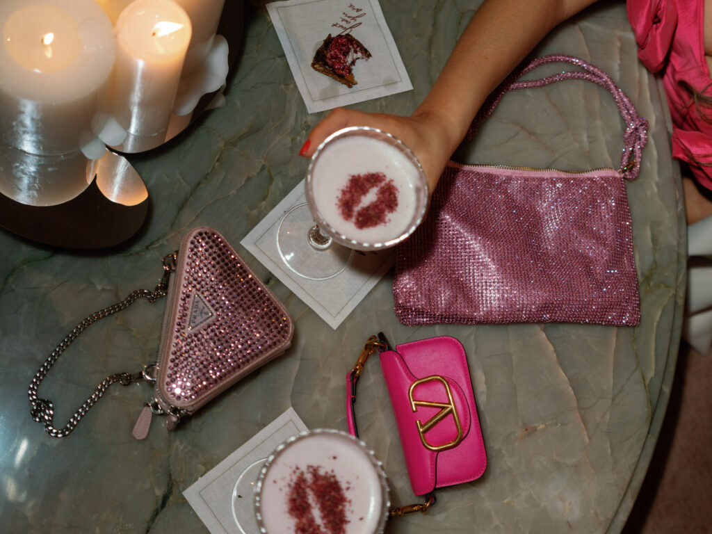 valentino pink purse, prada pink sequince purse, valentines day party, galentines day party, valentines day cocktail, galentines day cocktail, fashion, pink purse, luxe, luxury purse