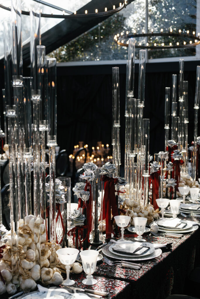 candelabras, reception tablescape, tented wedding, halloween wedding, black wedding