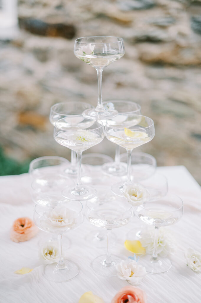 red fox inn wedding, wedding champagne tower, florals in champagne tower