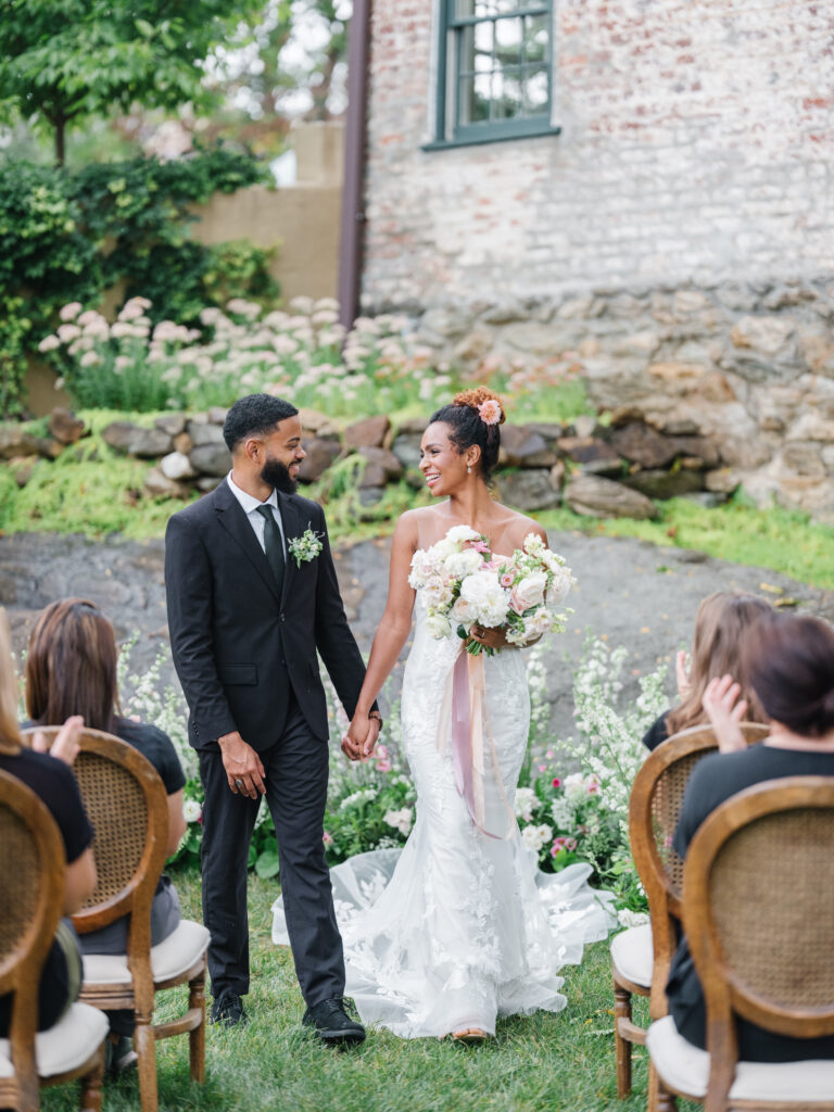 wedding ceremony, ceremony flower arch, bride and groom, bridal bouquet bridal dress, red fox inn wedding, micro wedding, intimate wedding