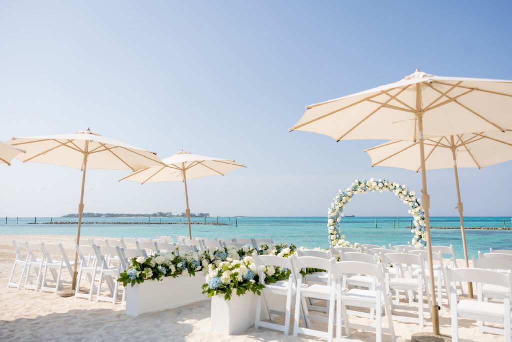 bahamas wedding, destination planner, wedding ceremony, white and blue wedding ceremony, beach ceremony, destination wedding