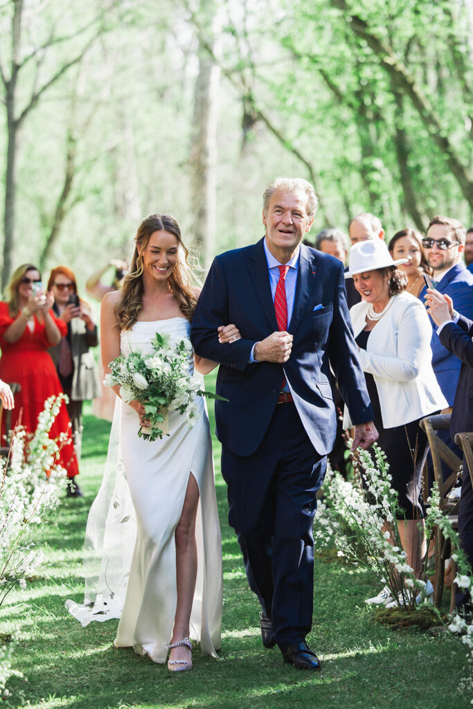 wedding, wedding design, virginia wedding, tented wedding, outdoor wedding, green and white wedding, wedding design, bride and father walking down the aisle