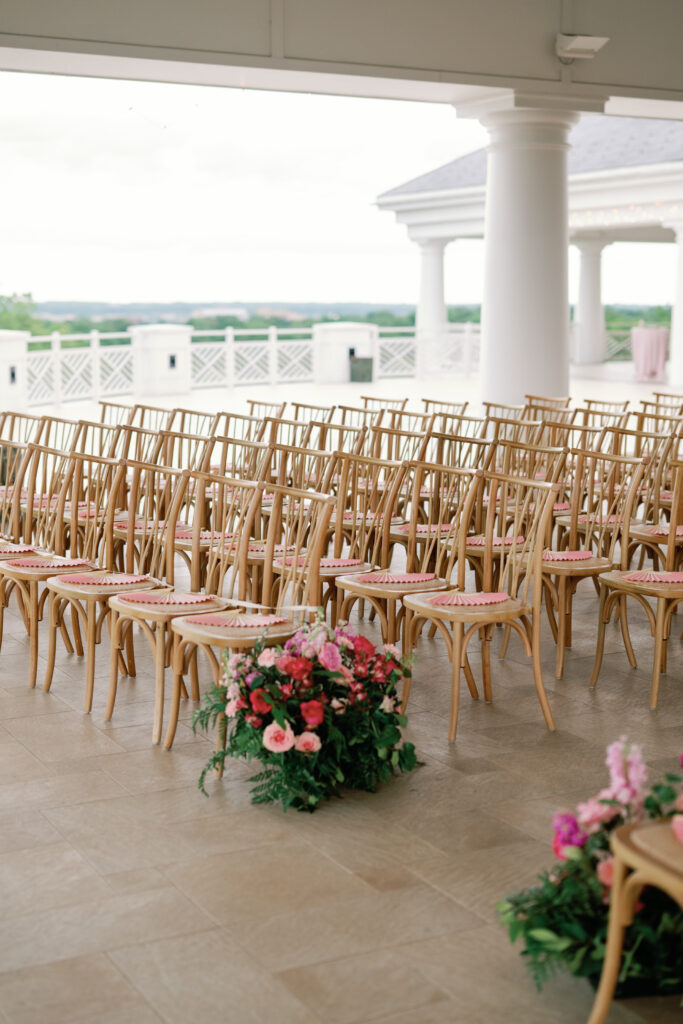 army navy country club wedding, washington d.c. luxury wedding planner and designer, washington d.c. wedding, pink wedding, summer wedding, pink wedding grounded floral arch, pink wedding flowers, wedding ceremony decor, pink wedding fans