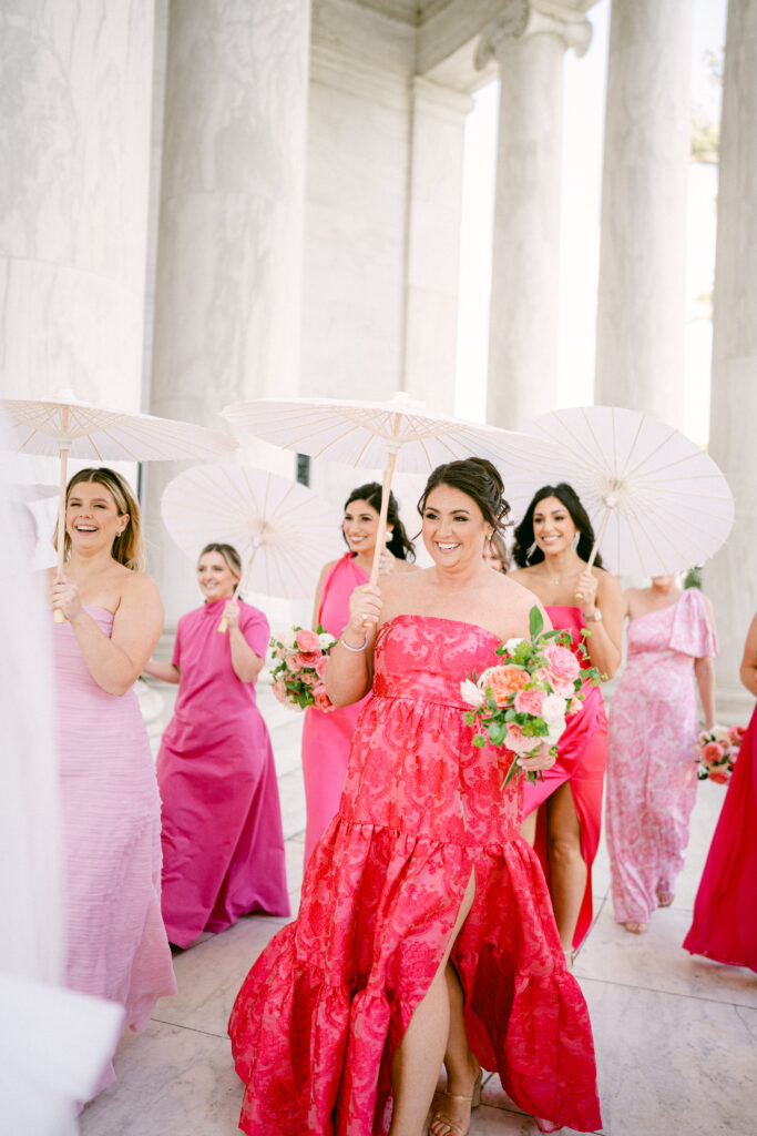 army navy country club wedding, washington d.c. luxury wedding planner and designer, washington d.c. wedding, pink bridesmaids dress, pink wedding, summer wedding, bride and bridesmaids in pink, bride and bridesmaids bouquet