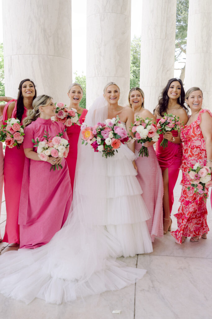 army navy country club wedding, washington d.c. luxury wedding planner and designer, washington d.c. wedding, pink bridesmaids dress, pink wedding, summer wedding, bride and bridesmaids in pink, bride and bridesmaids bouquet