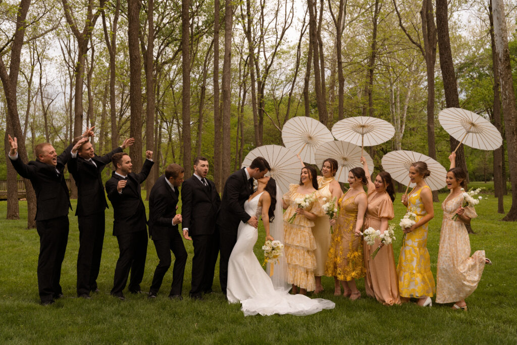 Black Iris Estate, Carmel indiana wedding venue, bride and groom with bridal party, yellow bridesmaid dresses, wedding parasols, outdoor wedding, outdoor wedding