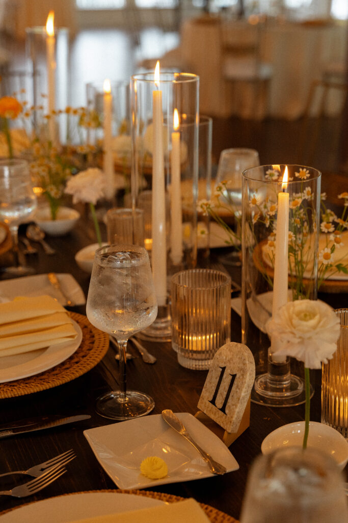 Black Iris Estate, Carmel indiana wedding venue, wedding reception, wedding tablescape, wedding table number, 