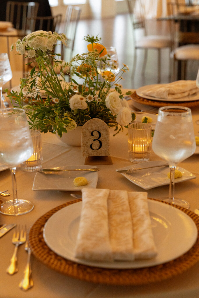 Black Iris Estate, Carmel indiana wedding venue, wedding reception, wedding tablescape, wedding table number, yellow and white wedding flowers