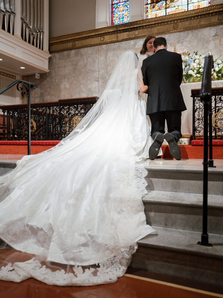 St John's Episcopal Church, washington dc wedding, bride and groom at the altar, wedding veil