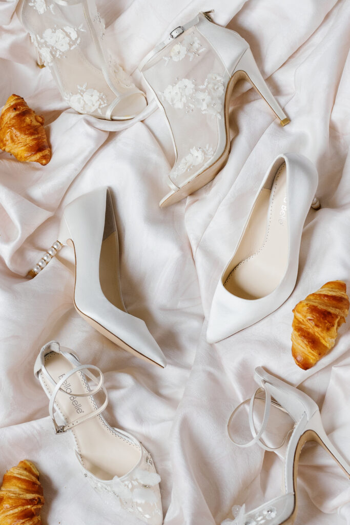 wedding planning and design, destination planner, france wedding, burgundy france, croissants flatlay, bridal heels, bridal shoes, wedding flat lay