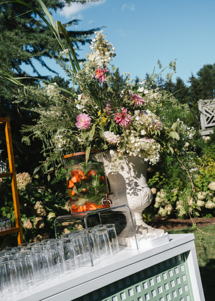 wedding at glenstone virginia, luxury wedding planner and designer, luxury tented wedding, fairtytale wedding, whimsical wedding, dmv wedding planner and designer, outdoor cocktail hour, wedding cocktail hour, wedding bar flowers