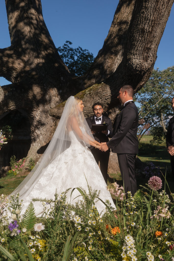 wedding at glenstone virginia, luxury wedding planner and designer, luxury tented wedding, fairtytale wedding, whimsical wedding, dmv wedding planner and designer, outdoor wedding, wedding ceremony flowers, purple wedding ceremony florals, wedding ceremony, bride and groom, bridal veil