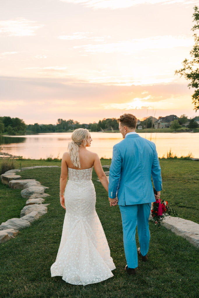 washington dc wedding planner, dmv wedding planner, destination wedding planner, indiana wedding planner, colorful wedding, bride and groom, colorful bridal bouquet, light blue groom suit, bride and groom sunset photo