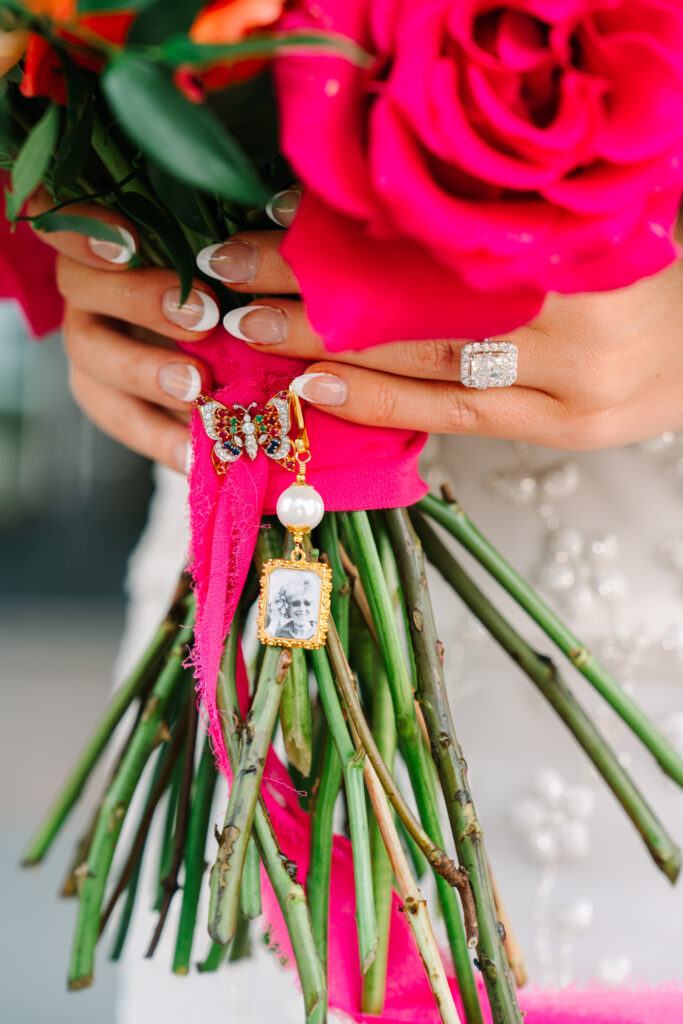 washington dc wedding planner, dmv wedding planner, destination wedding planner, indiana wedding planner, bridal bouquet details, bridal bouquet charm. wedding ring, engagement ring, pink wedding