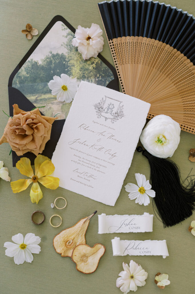 private estate wedding, tented wedding, wedding, luxury wedding planner, luxury wedding, wedding design and planning, wedding planner, wedding day details, wedding day flat lay, wedding invitation