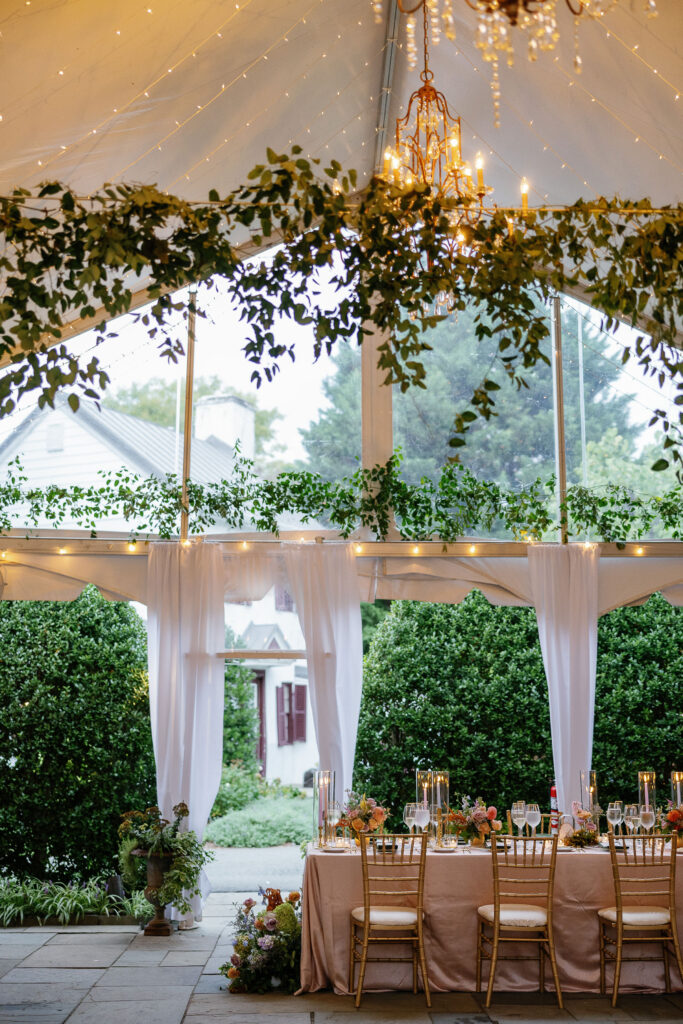 wedding at the red fox inn, virginia wedding, spring fall wedding, wedding reception, tented wedding, wedding tablescape, vida events wedding, wedding greenery, wedding tent decor