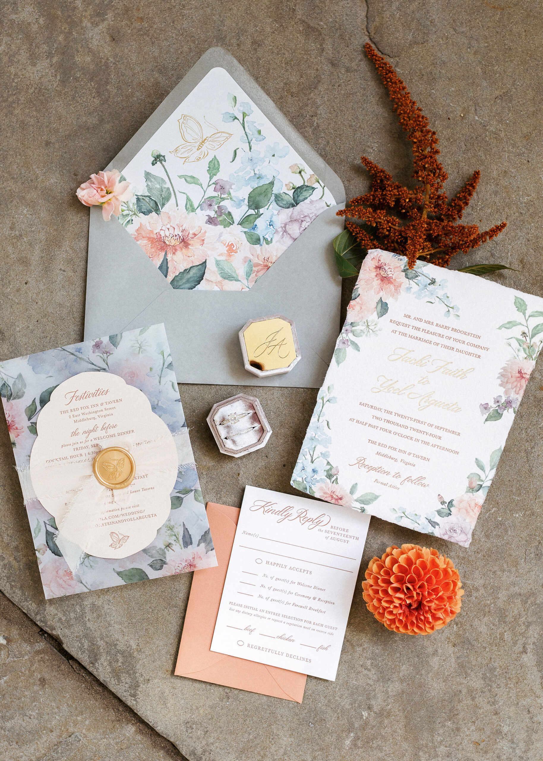 wedding at the red fox inn, virginia wedding, spring fall wedding, wedding stationery, vida events wedding, wedding invitation, wedding save the date