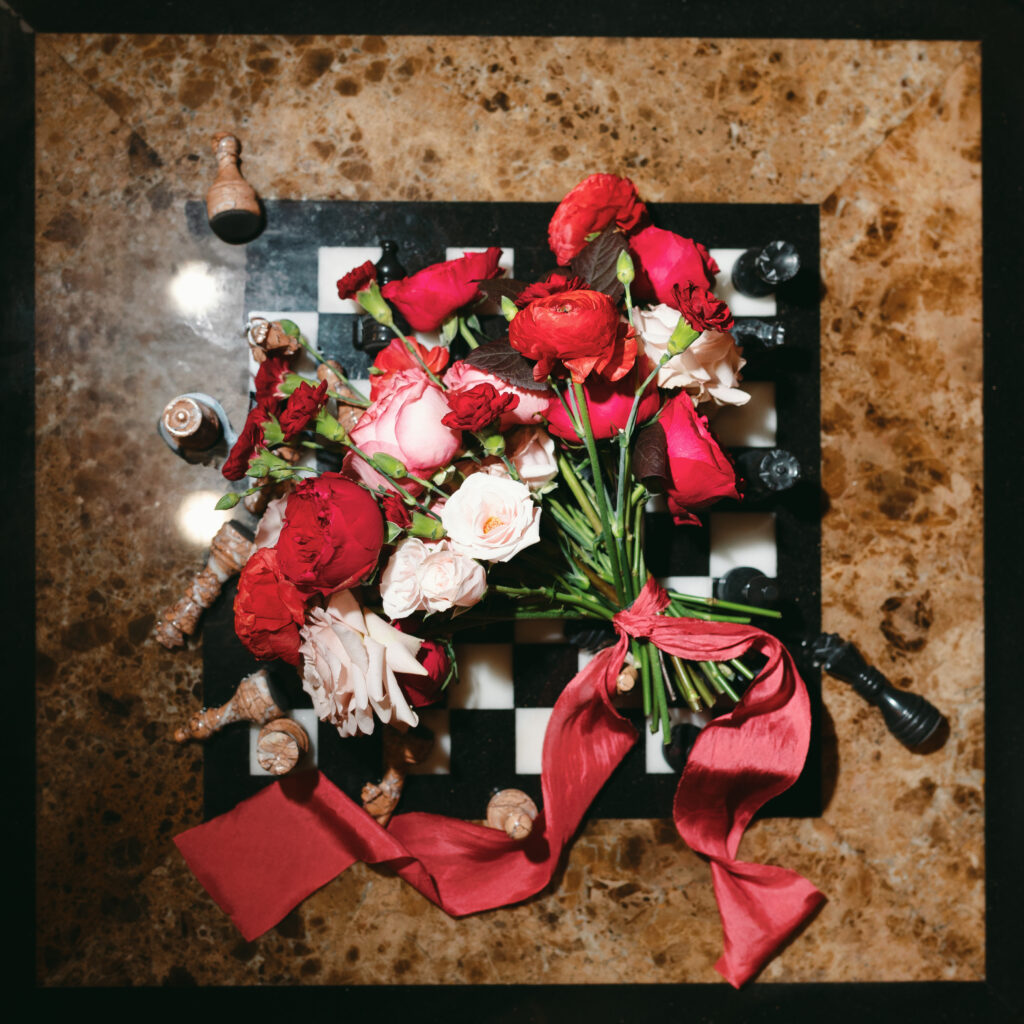 wedding british vogue shoot, red bridal bouquet