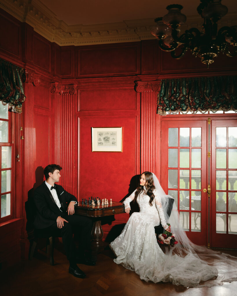 wedding british vogue shoot, bride and groom, red wedding, bridal dress