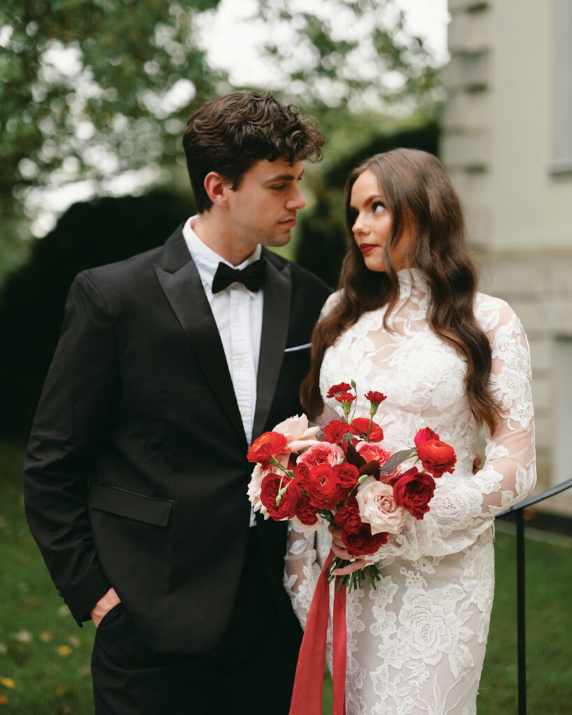 wedding british vogue shoot, bride and groom, bridal dress, bridal bouquet