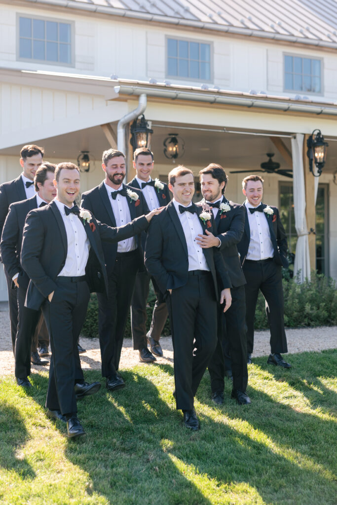 the seclusion wedding, fall wedding, groom and groomsmen, groom tuxedo