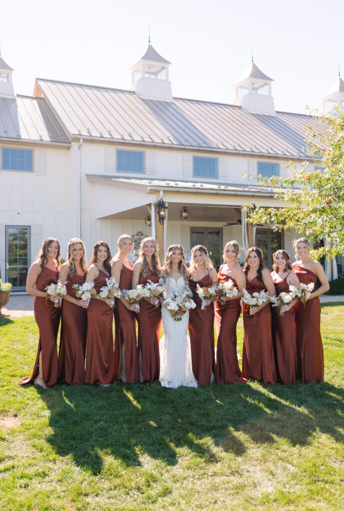 the seclusion wedding, fall wedding, bride and bridesmaids, fall bridesmaids dresses