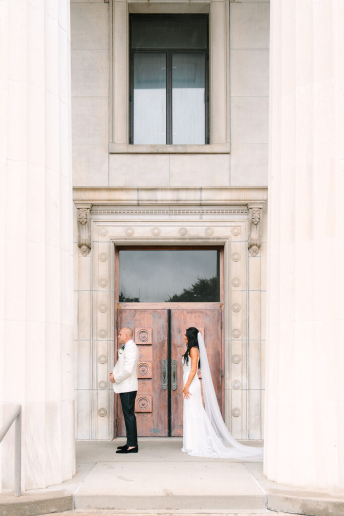 Wedding at the Evansville Museum of Arts, Indiana wedding, bride and groom, wedding dress, bridal dress, white tuxedo