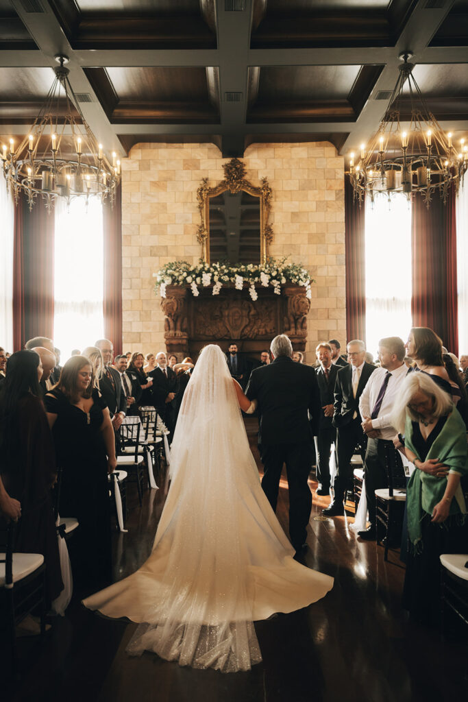 dover hall wedding, winter wedding, bridal dress, wedding veil, bride walking down the aisle