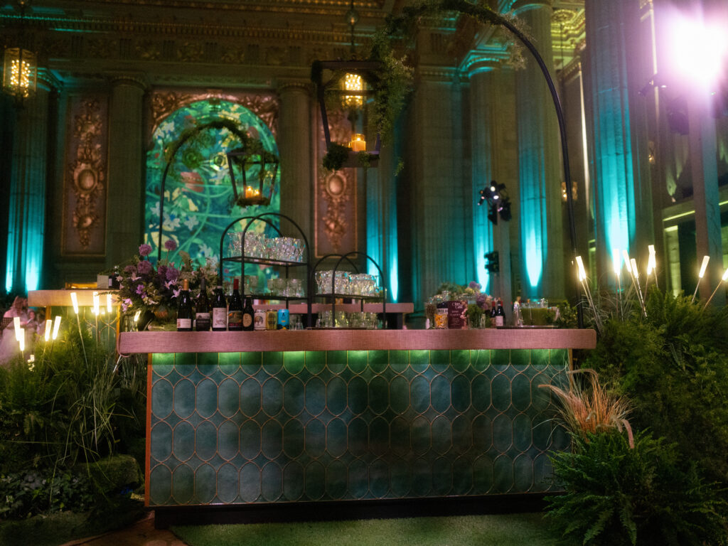 erin go glam, mellon auditorium, fairytale wedding, green bar, greenery bar, event bar decor, ridgewells catering