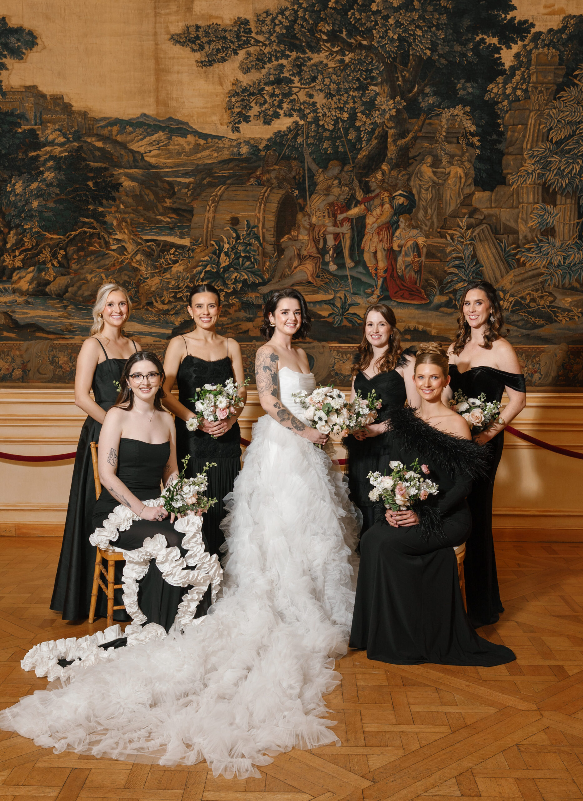 vida events wedding, meridian house wedding, bride and bridesmaids, black bridesmaids dresses, wedding dress