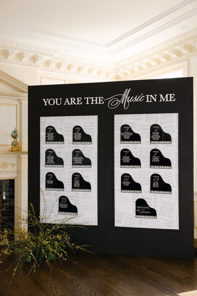 wedding seating chart, music seating chart, people magazine featured wedding, kobie turner wedding, virginia wedding planner, white and green wedding, vida events wedding