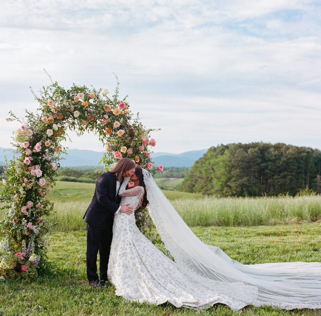 blossom ridge farm wedding, charlottesville wedding, luxury wedding planner, virginia wedding planner, wedding dress, bridal dress, bride and groom, ceremony florals, ceremony arch
