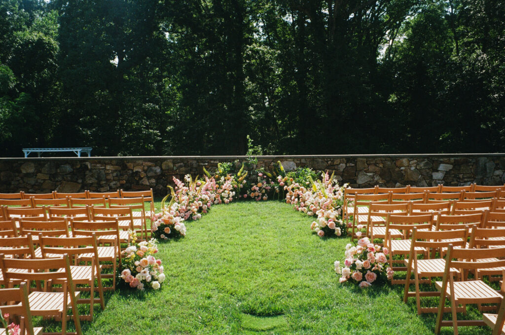 virginia wedding planner, richmond wedding venue, dover hall wedding, outdoor wedding, al fresco wedding, pastel wedding, pastel wedding flowers, outdoor ceremony, ceremony flowers, flowers down the aisle,
