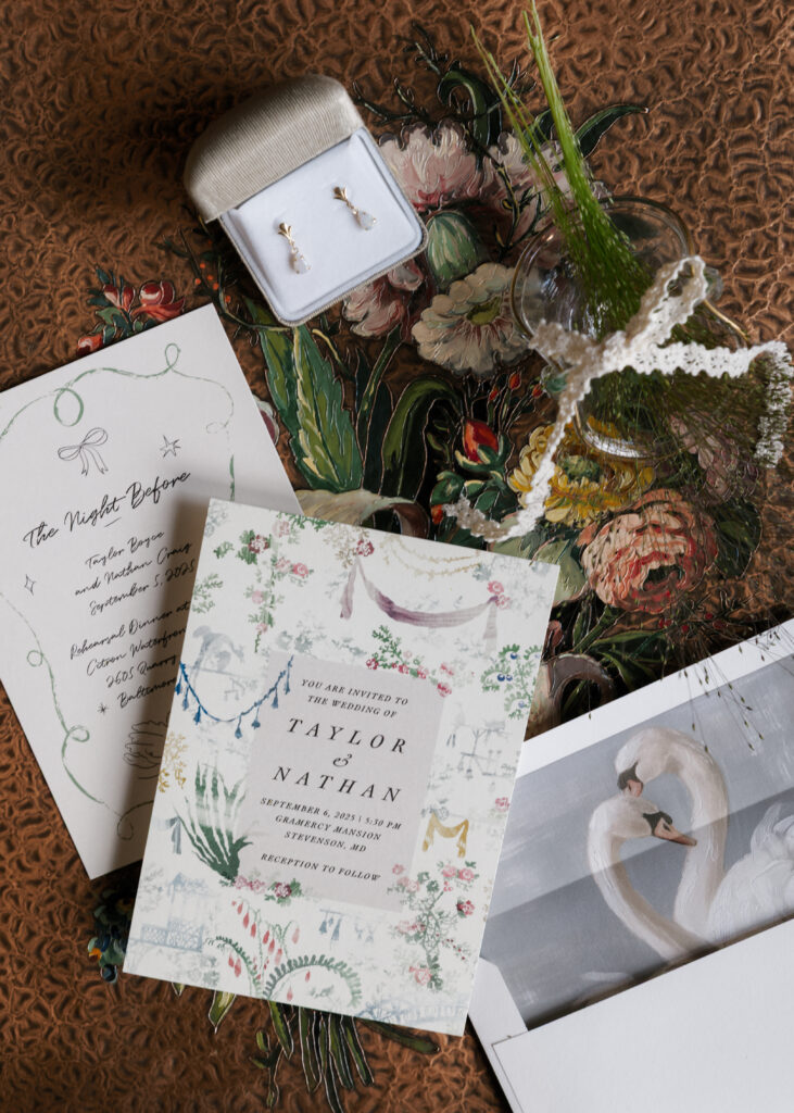 wedding day flatlay, wedding invitation, wedding earrings