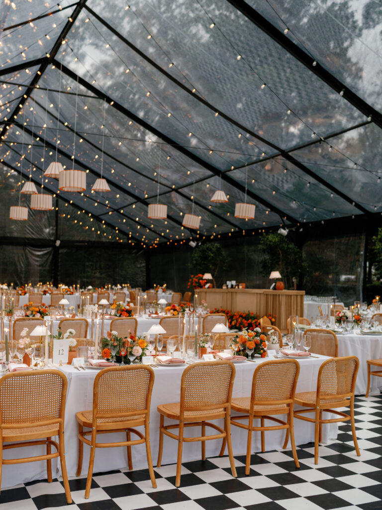 goodstone inn wedding, tented wedding, virginia wedding, luxury wedding, luxury wedding planner, orange wedding, outdoor wedding, reception, tented reception, black navitrac tent, wedding reception, orange wedding florals, reception tables, wedding chandeliers