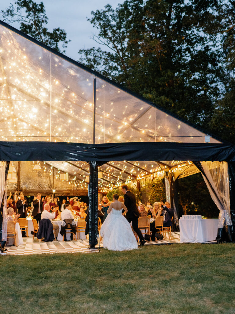 goodstone inn wedding, tented wedding, virginia wedding, luxury wedding, luxury wedding planner, orange wedding, outdoor wedding, reception, tented reception, black navitrac tent, wedding reception, bride and groom
