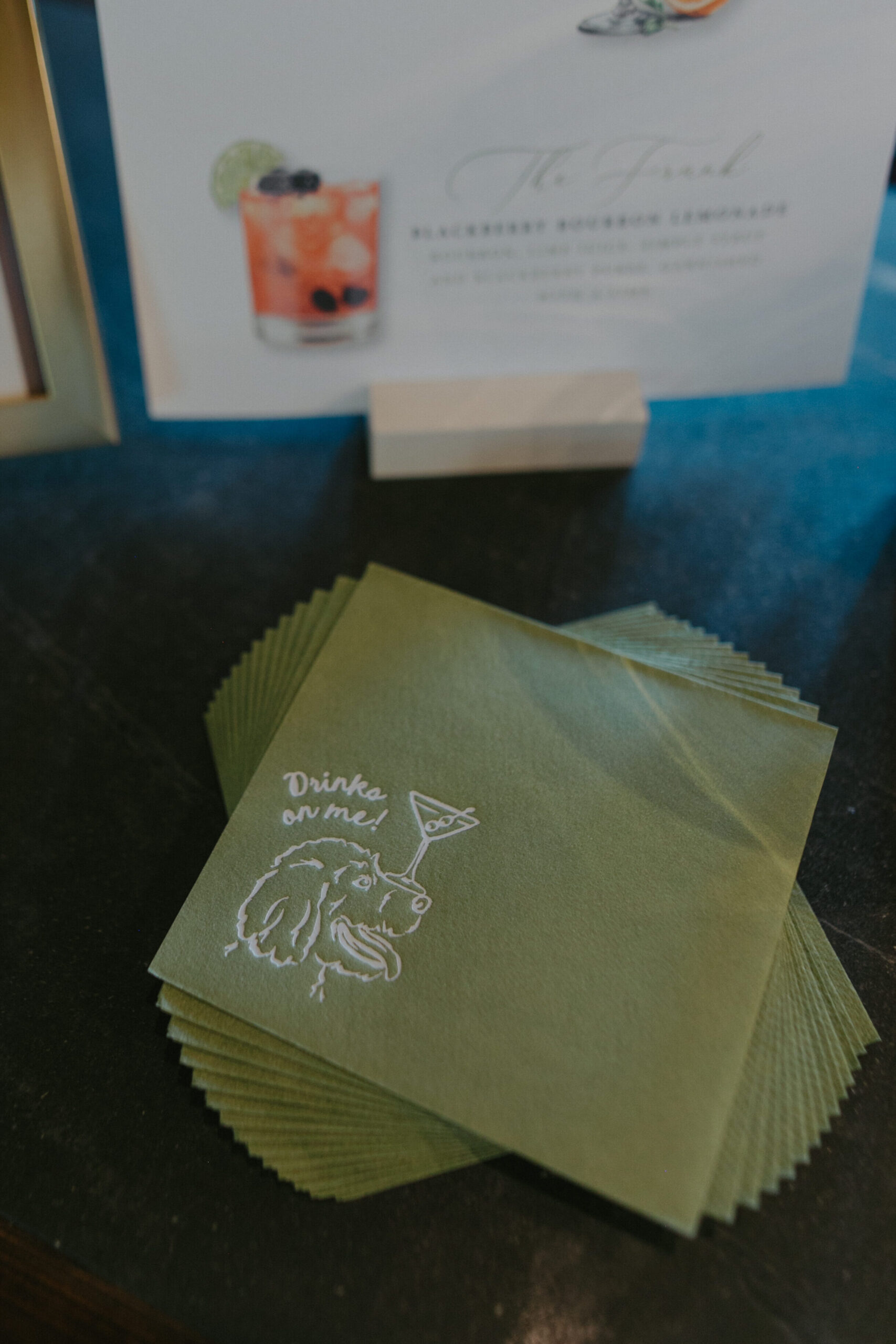 wedding cocktail napkins, dog on cocktail napkin with martini, virginia wedding planner, richmond wedding venue, dover hall wedding, outdoor wedding, al fresco wedding, pastel wedding
