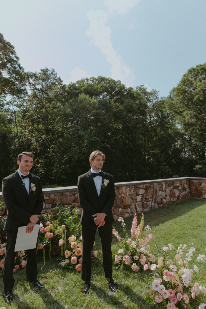 virginia wedding planner, richmond wedding venue, dover hall wedding, outdoor wedding, al fresco wedding, pastel wedding, pastel wedding flowers, outdoor ceremony, ceremony flowers, altar flowers, groom at altar