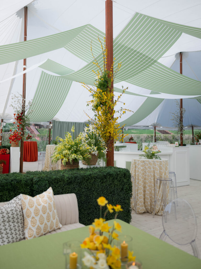 italy inspired wedding, yellow florals, wedding industry event, green draping