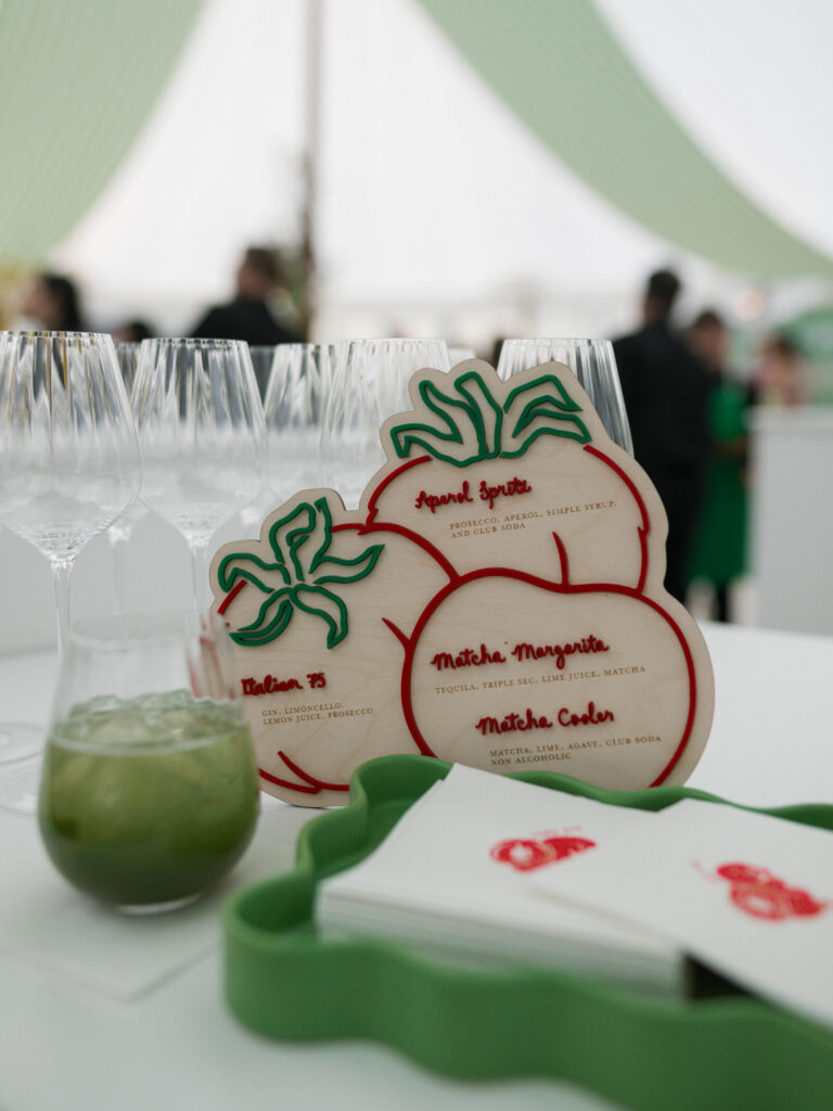 italy inspired wedding, yellow florals, wedding industry event, cocktail menu, matcha margarita, aperol spritz