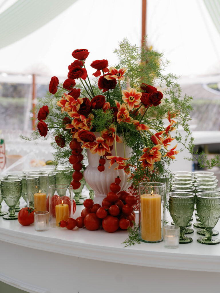 red florals, red tulips, italy inspired wedding, wedding industry event, tomatoes
