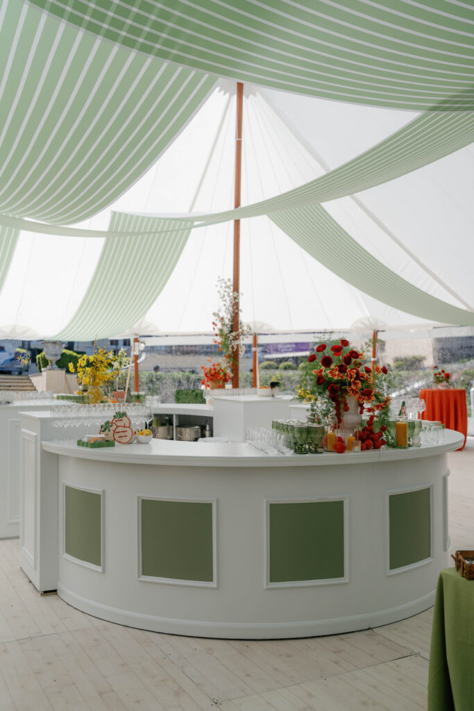italy inspired wedding, wedding industry event, wedding bar, green drapping