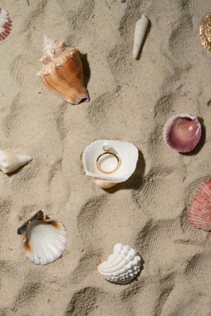 engagement ring, seashell, flat lay, engagement shoot, bride and groom to be, engagement shoot outfit, wedding planner, dmv wedding planner, florida wedding